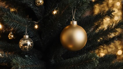 Close up of golden Christmas ornaments on a dark green fir tree with bokeh lights.