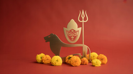 Paper cutout of a lion with a trident and mask, surrounded by marigold flowers on a red background