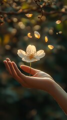 elegant hand holding delicate flower with falling petals, representing mindfulness and calm, soft lighting and texture 