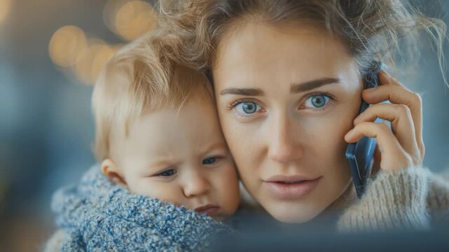 Multitasking Motherhood: A dedicated mother, cradling her baby, navigates the complexities of motherhood. She is seen talking on phone