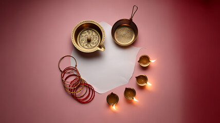 Traditional brass items and lit oil lamps arranged on a red background with bangles and a decorative plate