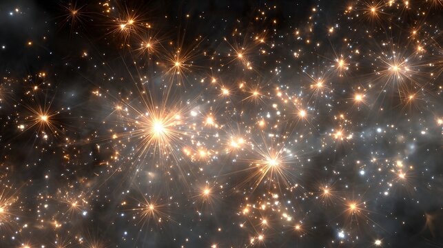 A vibrant cosmic explosion of shimmering golden and white starburst lights against a dark nebulous background