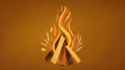 Illustration of a campfire with burning logs and wheat stalks on a warm brown background