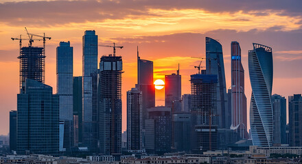 Modern city skyline at sunset with towering glass skyscrapers and construction cranes against a vibrant orange and purple sky.