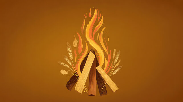 Illustration of a campfire with burning logs and wheat stalks on a warm brown background