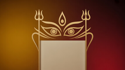 Stylized golden emblem featuring symmetrical eyes and trident-like elements on a gradient background