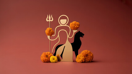 Paper cutout figure holding trident and marigold flowers with horse silhouette against red background