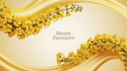 Basant Panchami celebration with yellow flowers and golden wave design