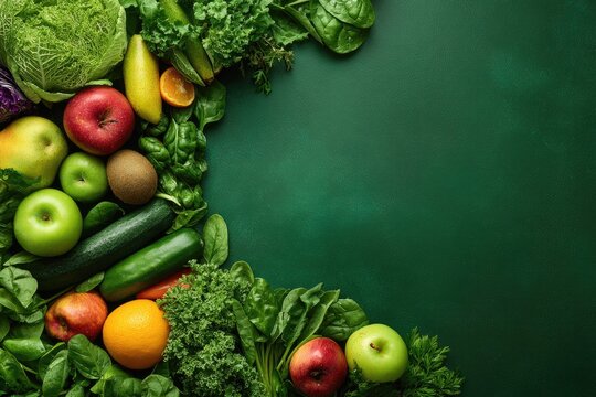 Fresh fruits and vegetables arranged in a border on a green background
