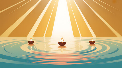 Three lit candles floating on water with radiant light beams in the background