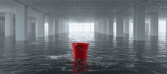Flood damage in a modern, light-filled office space. A red bucket sits in the center of a flooded room with white pillars and windows