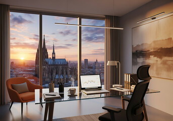 Elegant contemporary home office interior with panoramic city view and iconic cathedral at sunset, laptop displaying financial data on glass desk.