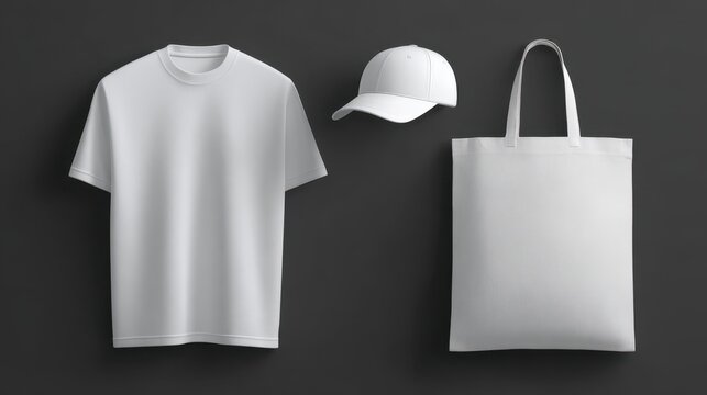 Display of white t-shirt, cap, and tote bag mockup for casual fashion branding