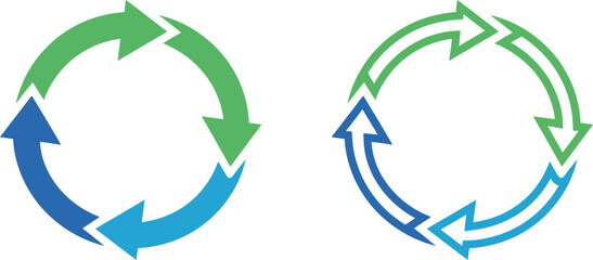 Two circular arrows representing a cycle or process with green and blue segments on a white background