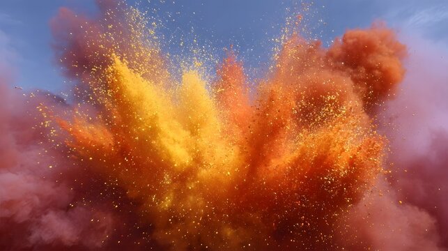 A dynamic explosion of vibrant orange yellow and pink powder bursts against a clear blue sky with scattered particles - Powered by Adobe