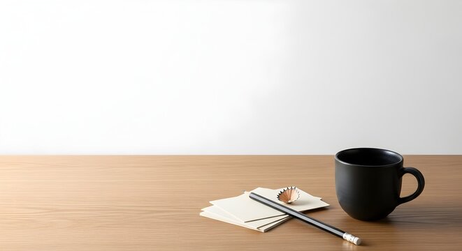 Minimalist workspace setup with coffee cup pencil and paper on wooden desk against white background