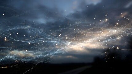 Abstract light trails and glowing particles shimmer against a dramatic cloudy sky at twilight evoking a sense of mystery and energy