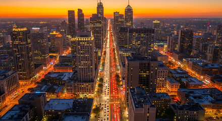 Fototapeta premium Aerial long exposure of a vibrant city at sunset, featuring a busy avenue with luminous traffic trails and towering modern skyscrapers.