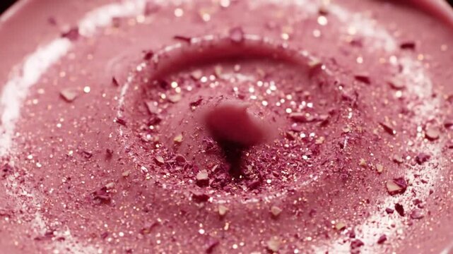 Close-up of a pink cosmetic product with glitter and texture, showcasing its creamy consistency and sparkle
