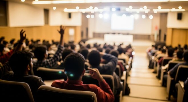 Blurred lecture auditorium scene with Indian students participating in academic event