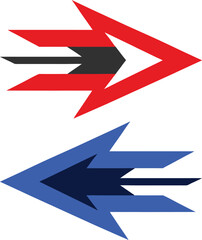 Two abstract stylized arrows one red pointing right and one blue pointing left symbolizing direction and movement