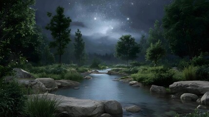 A serene forest stream flows under a clear starry night sky surrounded by lush vegetation and rocks