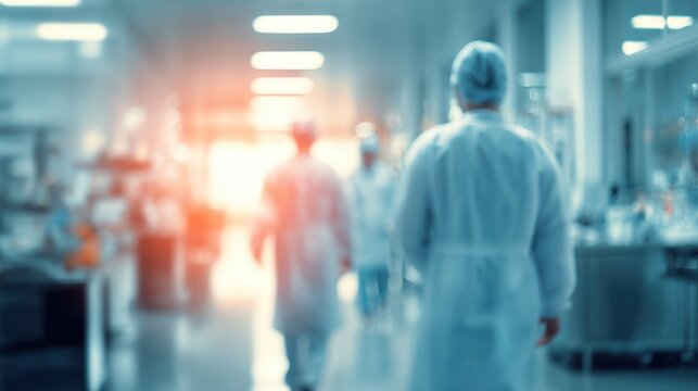 Medical professionals working in a hospital corridor during a busy shift with modern equipment and bright lighting promoting a healing environment