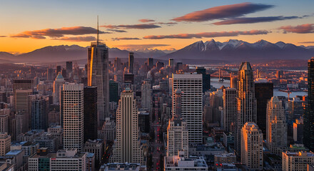 Fototapeta premium Panoramic city skyline at golden hour with towering skyscraper, majestic snow-capped mountain, and a vibrant sunset sky