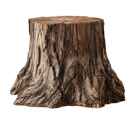 Cut tree stump with bark, isolated on transparent background
