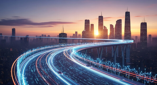 Futuristic elevated highway with glowing data streams winding through a modern cityscape at sunset, symbolizing global connectivity and smart infrastructure. - Powered by Adobe