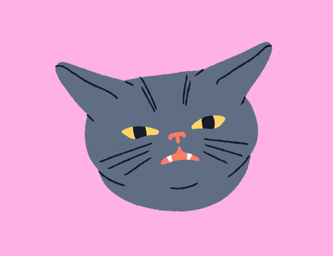 Cute funny cat head with comic humorous face expression. Feline animal, bothered kitty mem, looking with amusing annoyed irritated disgusted emotion with open mouth. Flat vector illustration