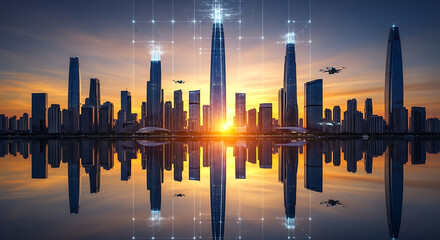 Smart city skyline at golden hour with digital network connections and futuristic drones flying over reflective water surface