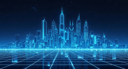 Digital city skyline glowing in neon blue with a futuristic grid plane extending into a starry virtual night sky, technology metropolis abstract