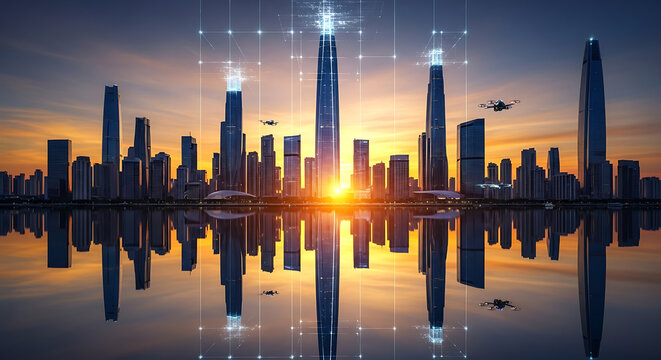 Smart city skyline at golden hour with digital network connections and futuristic drones flying over reflective water surface