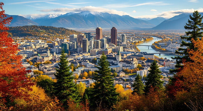 Autumn city panorama with a river and skyscrapers, vibrant fall foliage, and majestic snow-capped mountains under a clear blue sky.