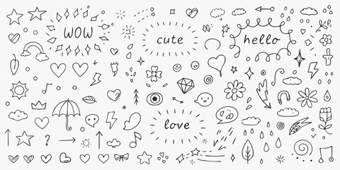 Collection of hand drawn doodle elements featuring hearts stars clouds flowers and words like love cute and hello