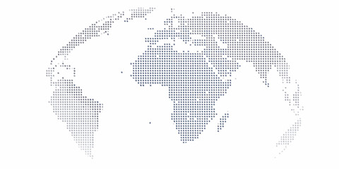 Abstract dotted globe map of the world with a gradient of blue and grey dots on a white background