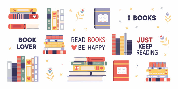 Collection of colorful illustrated books and motivational reading phrases for book lovers