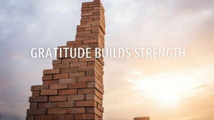 Brick Wall Construction Against Sunset Sky with Text Overlay