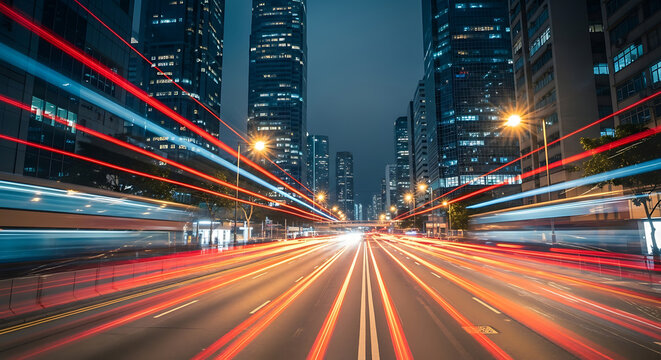 Long exposure cityscape at night, showcasing dynamic light trails from fast-moving traffic on a busy urban street lined with modern skyscrapers. - Powered by Adobe
