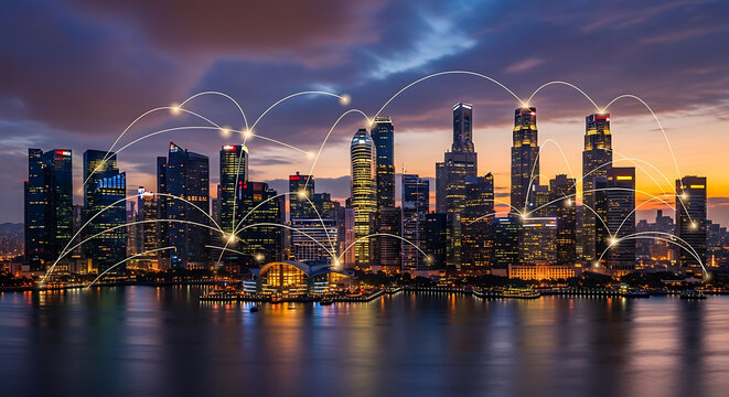 Smart city network connections over modern urban skyline at sunset, showing global communication and digital infrastructure.