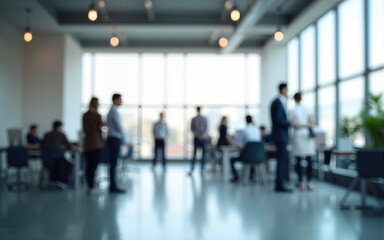 Abstract blurred interior modern office space with business people working banner background with copy space. High quality