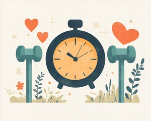 abstract illustration of balanced life showing clock, heart, and dumbbell in harmony, flat design with subtle pastel background 