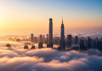 Modern city skyline with towering skyscrapers emerging from a vast, golden sea of clouds at a tranquil sunrise or sunset