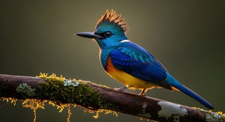 Obraz premium Stunning Superb Starling Bird Perched on Mossy Branch Wildlife and Bird Photography