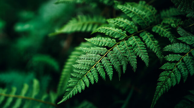 Close up of a vibrant green fern frond with intricate details against a dark green background