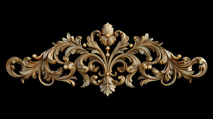 Ornate golden baroque scrollwork design element against a stark black background creating contrast
