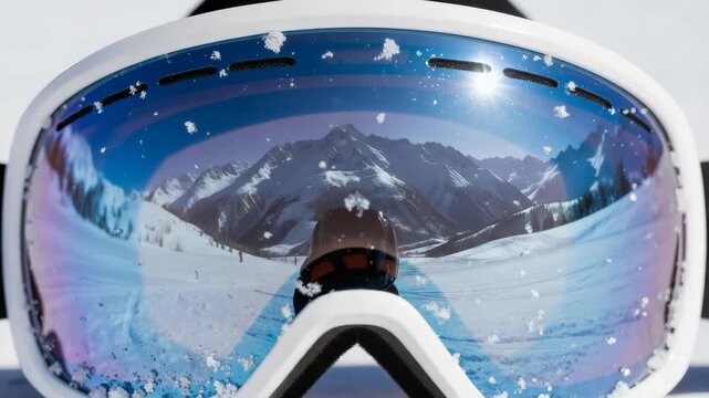 Reflection of snowy mountains and bright sun in ski goggles close-up, winter sports concept