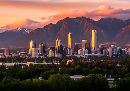 Golden hour glow over a vibrant city skyline nestled against majestic, rugged mountains with snow-capped peaks and soft clouds
