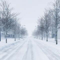 Obraz premium Snow-covered road through a city with bare trees and buildings